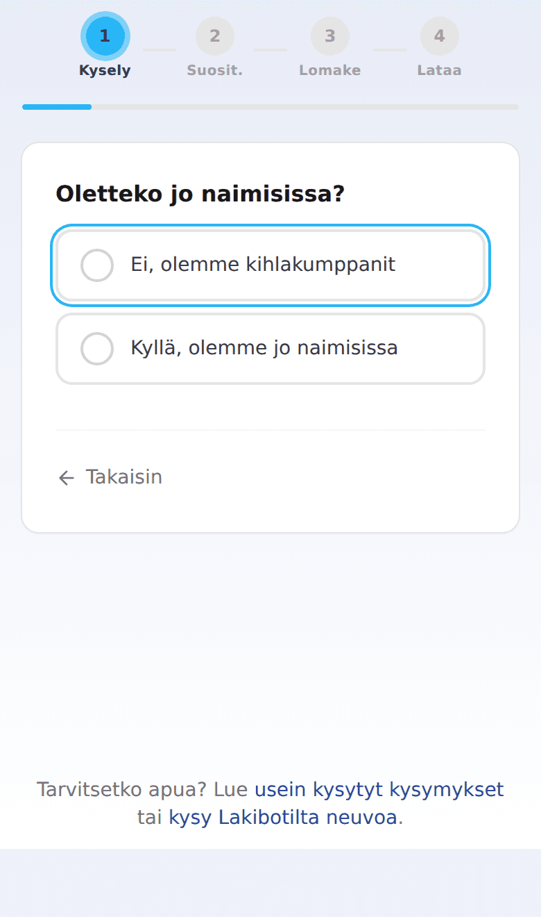 Avioehtolomakkeen alku puhelimen näytöllä