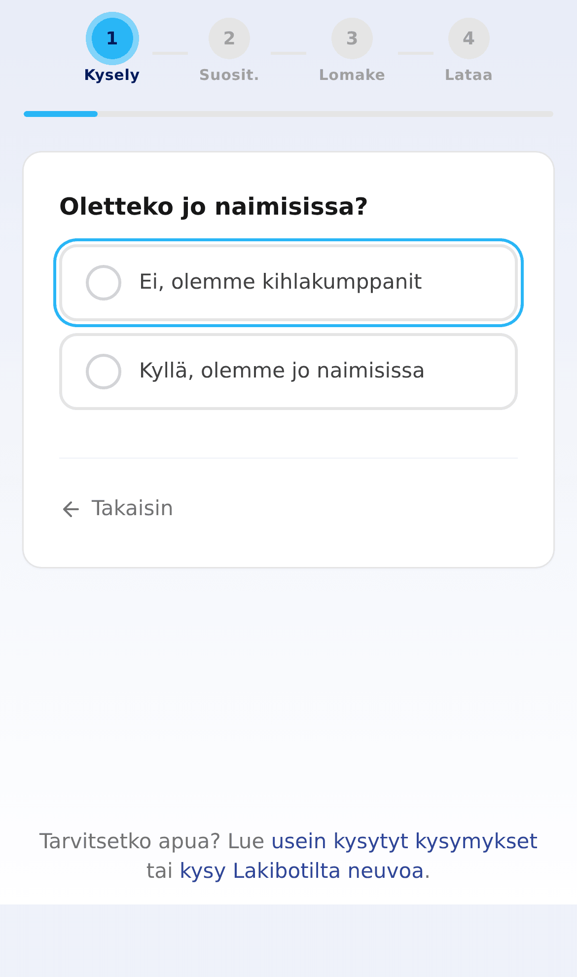 Avioehtokyselyn alku puhelimen näytöllä