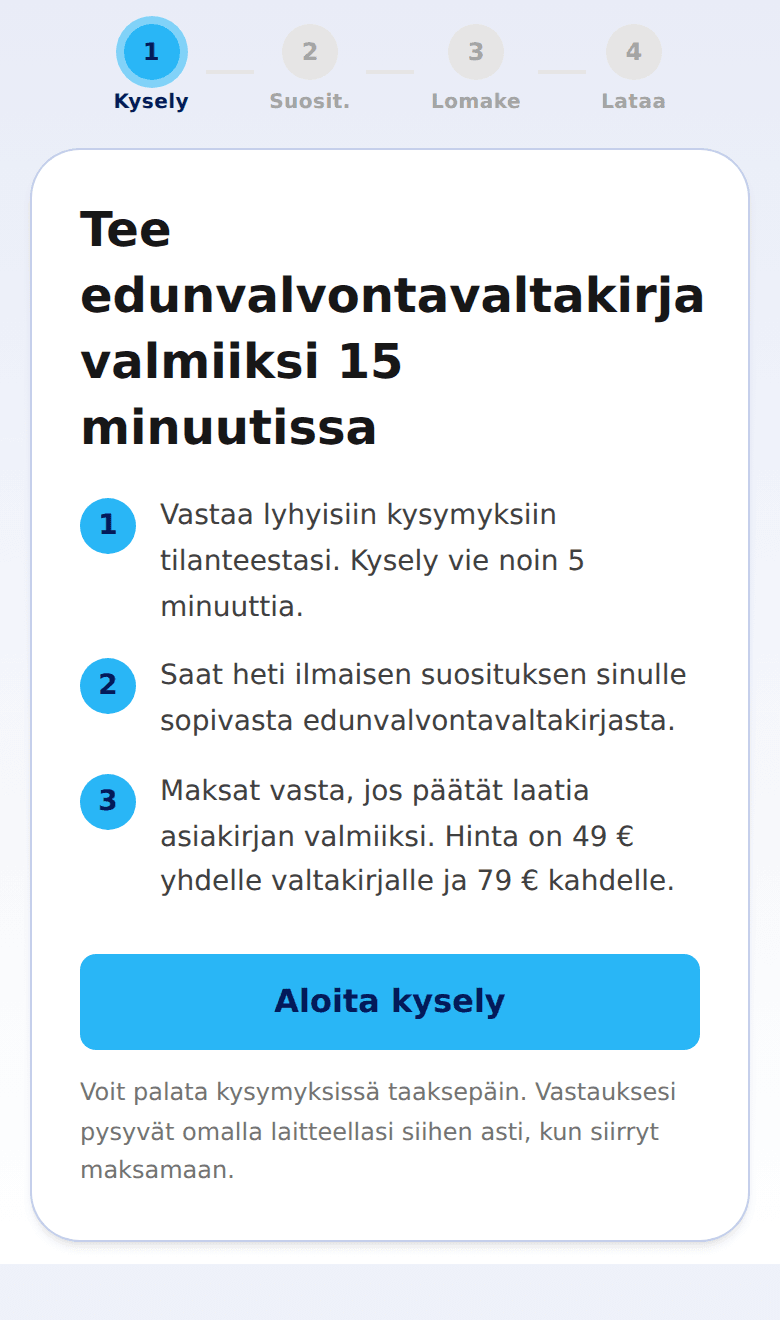 Edunvalvontavaltuutuksen kyselyn aloitusruutu puhelimen näytöllä