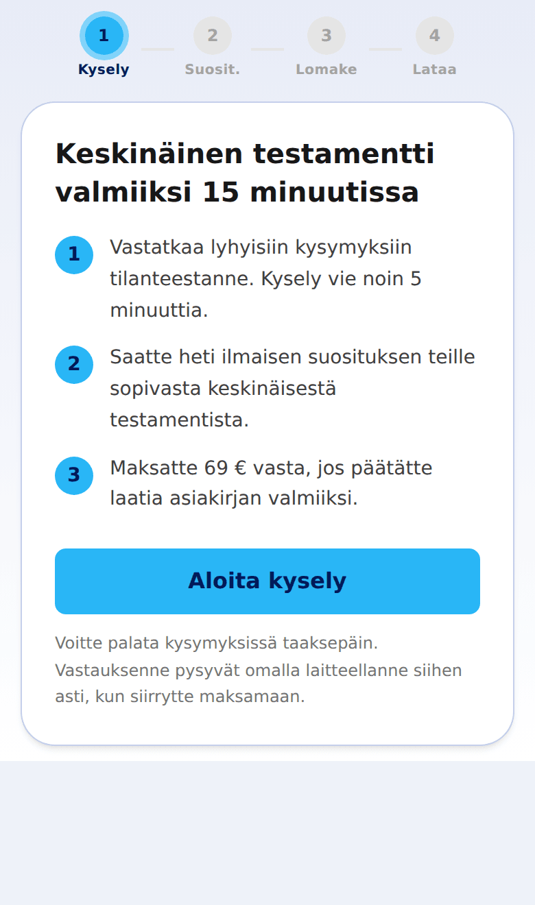 Keskinäisen testamentin kyselyn aloitusruutu puhelimen näytöllä